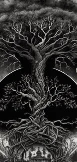 Intricate tree design on a black night sky wallpaper.