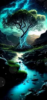 Mystical tree under starry night with glowing roots and mountains.