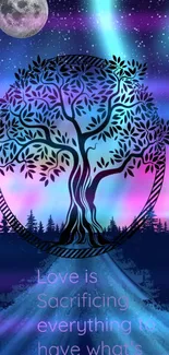 Mystical tree with colorful night sky background wallpaper.