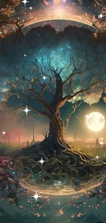 Mystical tree under a moonlit sky with celestial elements, perfect for phone wallpaper.