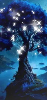 Mystical tree under a starry night sky with deep blue hues.