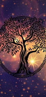 Mystical tree design with cosmic night background.