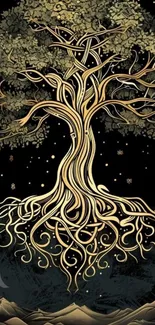 Intricate tree against a starry night sky with golden roots extending downward.