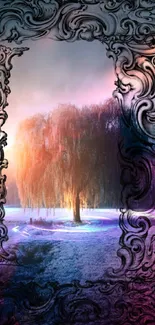 Mystical tree framed by ornate patterns in a colorful sunset.