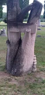 Carved tree trunk sculpture in a peaceful graveyard.