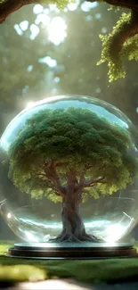 Enchanting tree captured under a glass dome with serene background.