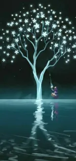 Mystical tree reflecting on water at night.