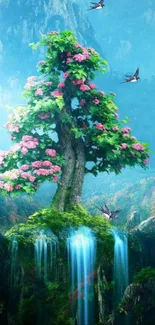 Fantasy wallpaper with tree and waterfall on a floating rock.