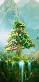 Mystical tree with pink blossoms amid waterfalls in a serene forest scene.