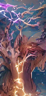 Mystical tree with purple lightning art wallpaper.