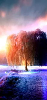 Mystical tree with vibrant aura and glowing colors at dusk.