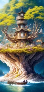 Fantasy treehouse floating over water in a mystical, vibrant setting.