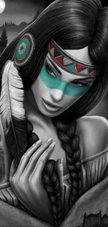 Mystical tribal woman with feathers and dreamcatcher tattoo.