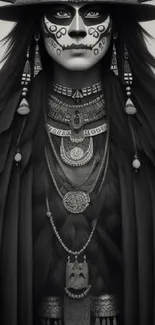 Mystical tribal art portrait wallpaper in monochrome with cultural jewelry.