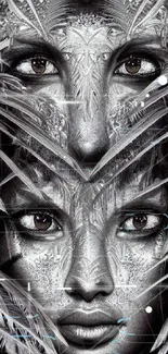 Intricate mystical tribal art with intense eyes on a grayscale wallpaper.