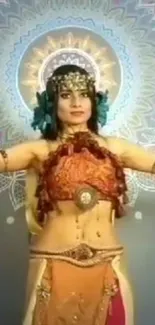 A tribal dancer posing in front of a colorful mandala background.