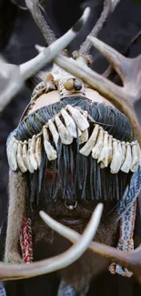 Mystical tribal mask with antlers