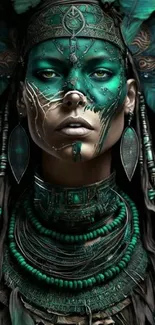 Intricate mystical tribal warrior art with green and teal accents.