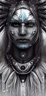 Mystical tribal warrior with blue accents in grayscale art.