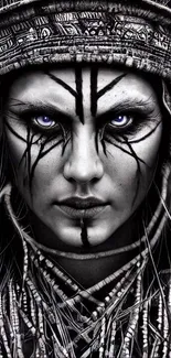 Mystical tribal woman with blue eyes, intricate patterns, and dark theme.