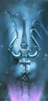 Mystical blue trident with cosmic glow.