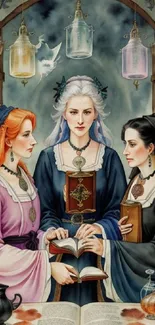 Three mystical women surrounded by magical bottles and books in an enchanting setting.