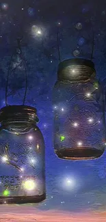 Mason jars hanging under a starry night sky with a tranquil glow.