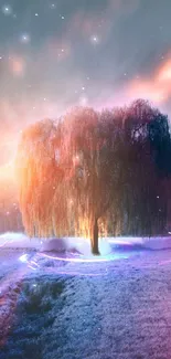 Mystical glowing tree under a starry twilight sky, featuring vibrant colors.