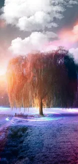 Mystical twilight scene with glowing tree and vibrant colors.