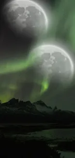 Twin moons and green auroras over mountains under a dark night sky.