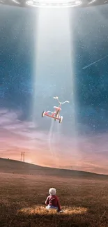 A child observes a UFO abduction under a starry sky.