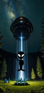 Alien encounter with UFO in dark forest under starry sky.