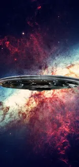 UFO hovering in a colorful galaxy with vibrant cosmic background.