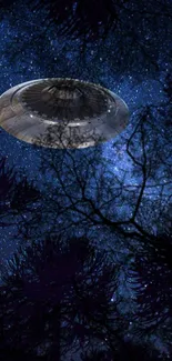 UFO flying over a starry night sky with tree silhouettes.