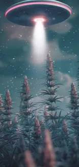 UFO hovering over field under a starry sky.