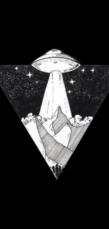 A UFO hovers over a mountain landscape against a black background.