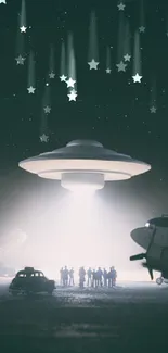 UFO hovers over people with planes under a starry sky, radiating light below.