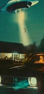 UFO abduction scene with glowing light on a dark teal night.