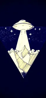 Mystical UFO over mountains in starry night triangle design.