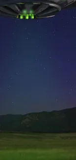 UFO hovering over starry night sky landscape.