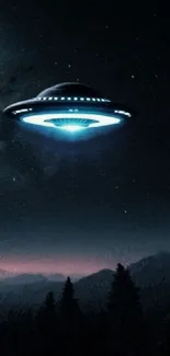 UFO flying over mountains at night.