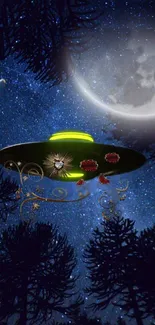 UFO flying under a starry sky with silhouetted trees.