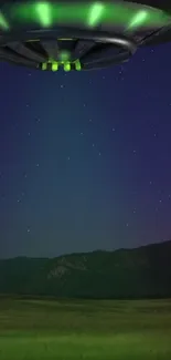 UFO hovering over a starry night sky and hills, emitting a green glow.