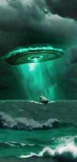 Mobile wallpaper of a UFO hovering over the ocean with a mystical teal glow.