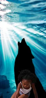 Child and wolf in mystical underwater scene with sunlight.