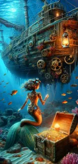 Mermaid with treasure near shipwreck in a mystical underwater scene.