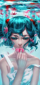 Mystical anime girl with teal hair underwater with pink flowers.