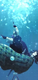 Anime character floating underwater in a mystical blue ocean scene.