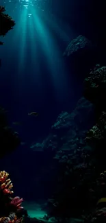 Sunlit underwater cave with corals and dark blue water, perfect for a phone wallpaper.