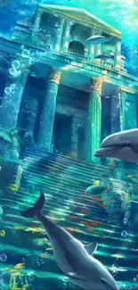 Dolphins swim by an underwater palace in a vibrant ocean scene.